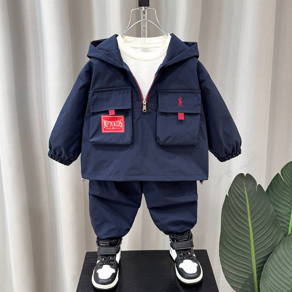 Boys' Cargo Hooded Jacket Pants Set Spring Autumn Outdoor Casual