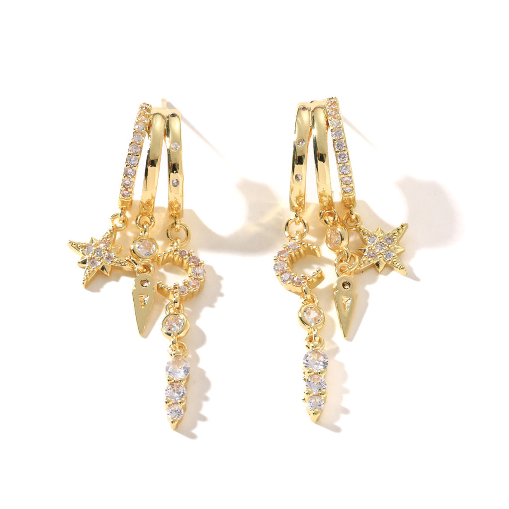 Star and Moon Asymmetric Earrings Set of 3, Cubic Zirconia Stud and Clip-On Earrings