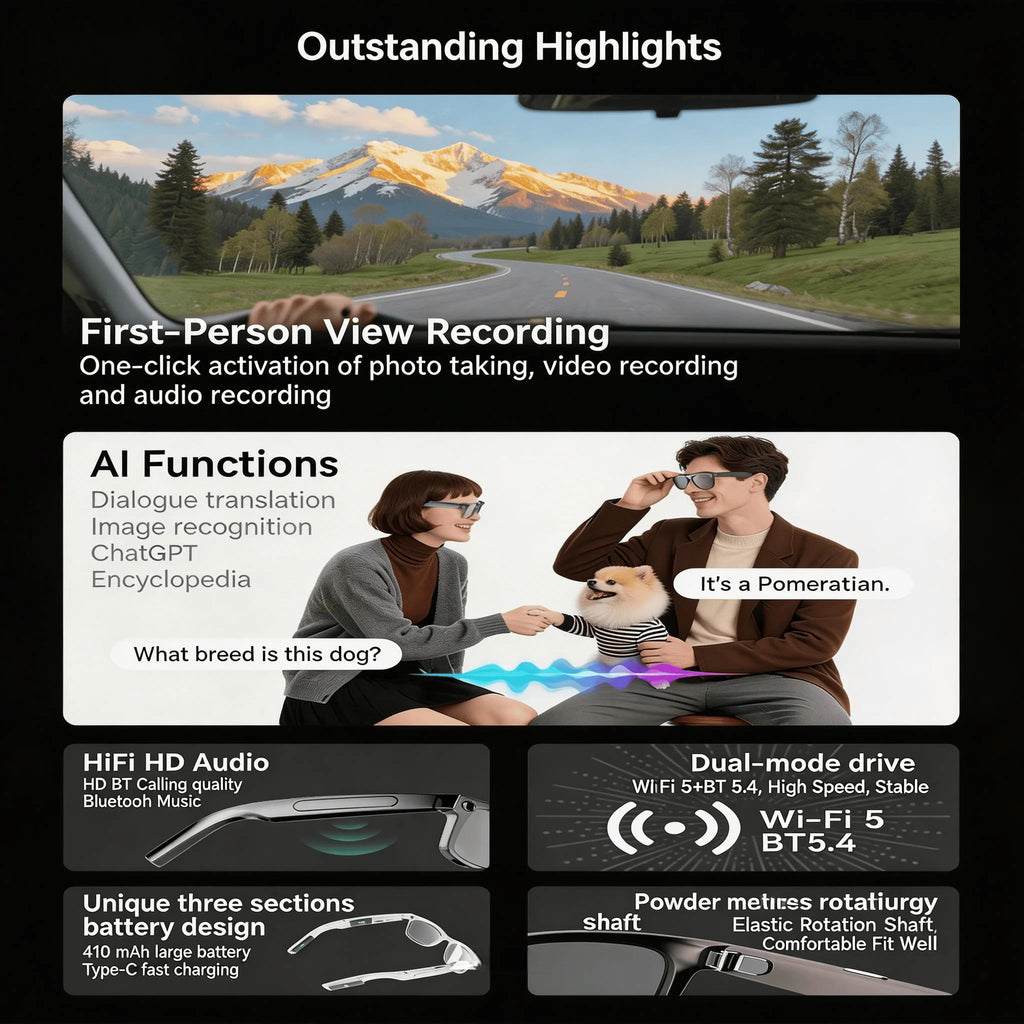 Smart Glasses with AI Real-Time Translation and 8MP Camera